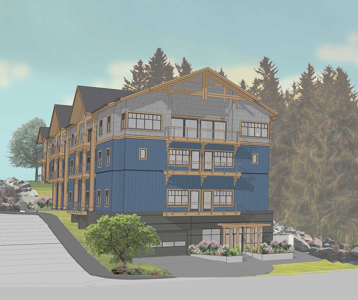 Residence-Front-1200 Rendering of Snug Cove House as viewed from Miller Road.